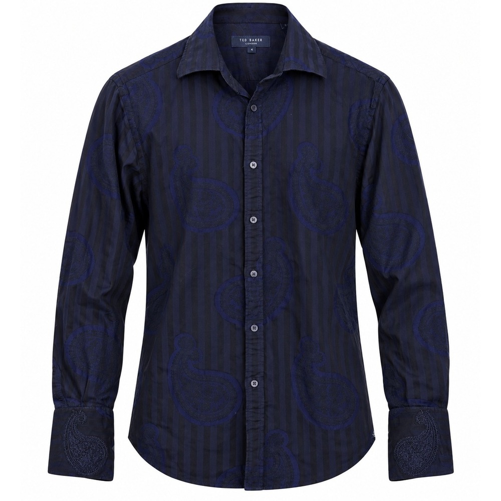 Ted Baker London Mens 4 Navy Black Paisley Stripe Button Down Shirt Embroidered